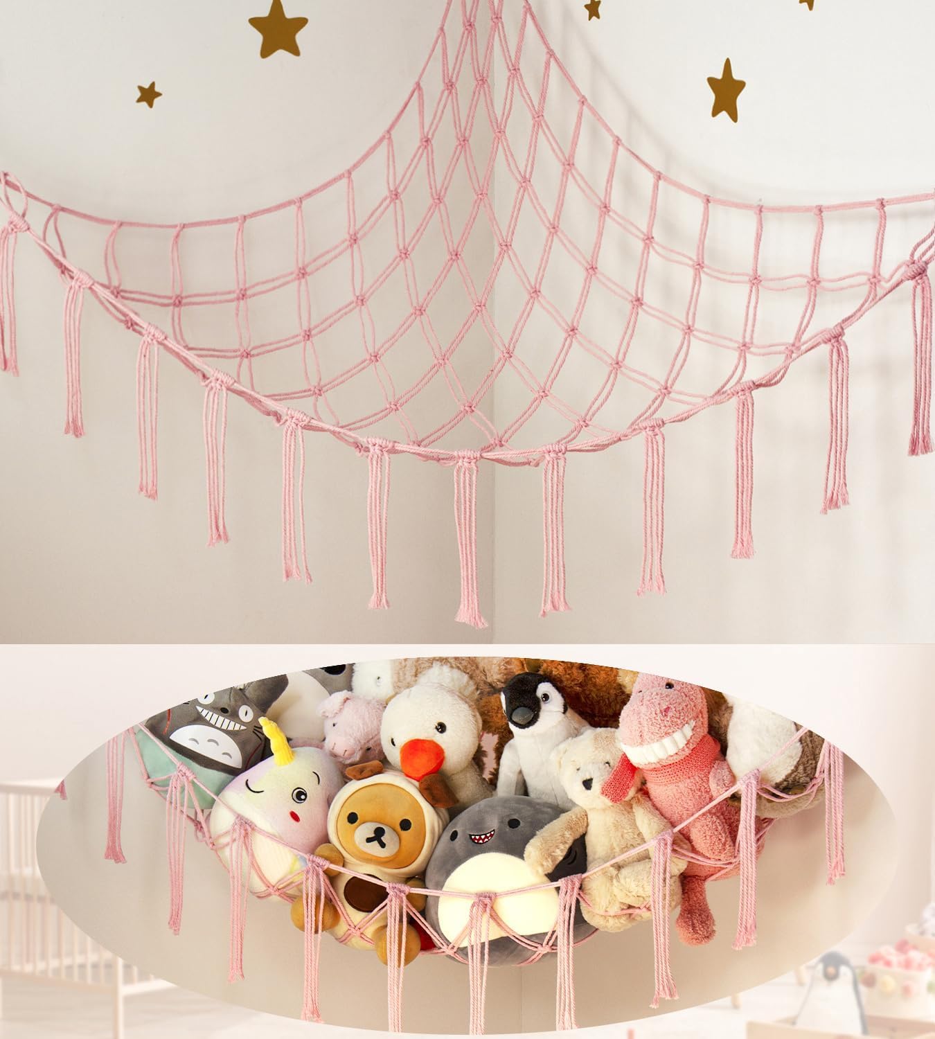 Stuffed Animal Storage Hammock - Baby Toy Hammock Net for Stuffed Animals Cute Room Decor -Large Stuff Animal Organizer Holder for Plush Plushie - Kids Nursery Beige Bedroom Home Decor