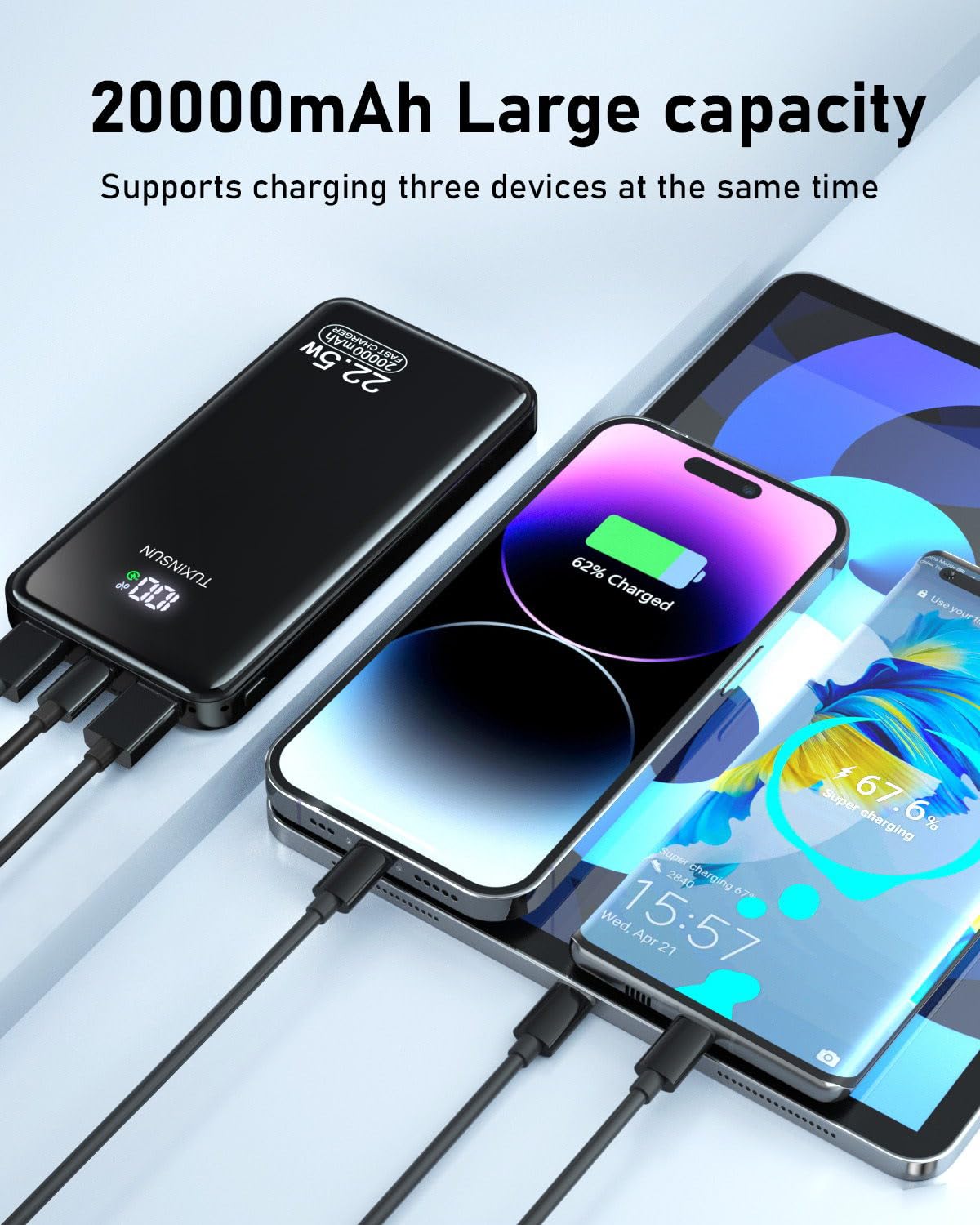 Power Bank 20000mAh, PD3.0 QC4.0 22.5W Fast Charging PD20W USB C PowerBank Portable Charger With LCD Display 3 Outputs & 2 Inputs For Smartphones and Camping