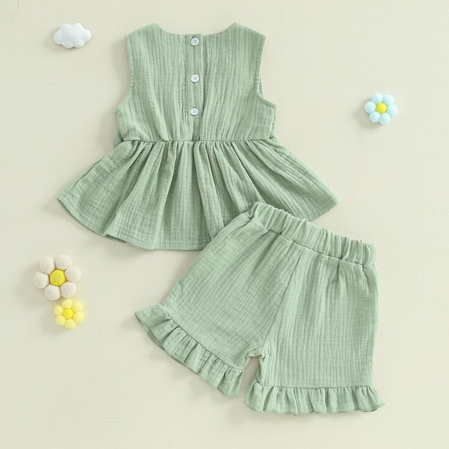 YILEEGOO Toddler Baby Girl Summer Outfits Cotton Baby Clothes Ribbed Sleeveless Bow Ruffled Tank Vest Shirt Tops with Shorts Set