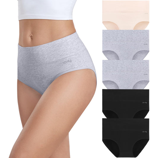 coskefy Underwear Women, High Waisted Cotton Knickers Ladies Full Briefs Soft Panties Slight Tummy Control Pants 5 Pack