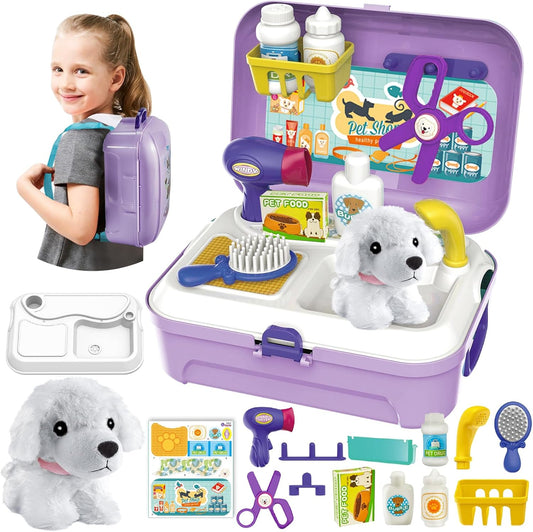 HERSITY Kids Vet Kit Dog Grooming Toy Pet Care Role Play Games Animal Dolls Pretend Play Pet Carrier Set Toys 3 4 5 Year Old Girls Boys Children Gifts