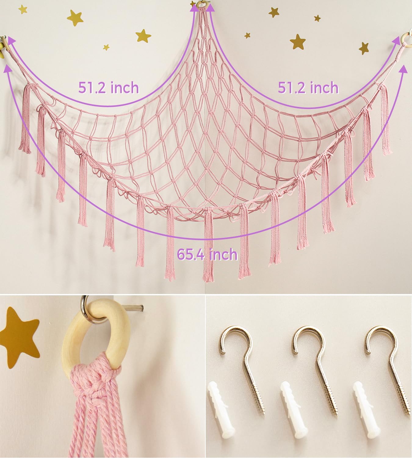 Stuffed Animal Storage Hammock - Baby Toy Hammock Net for Stuffed Animals Cute Room Decor -Large Stuff Animal Organizer Holder for Plush Plushie - Kids Nursery Beige Bedroom Home Decor
