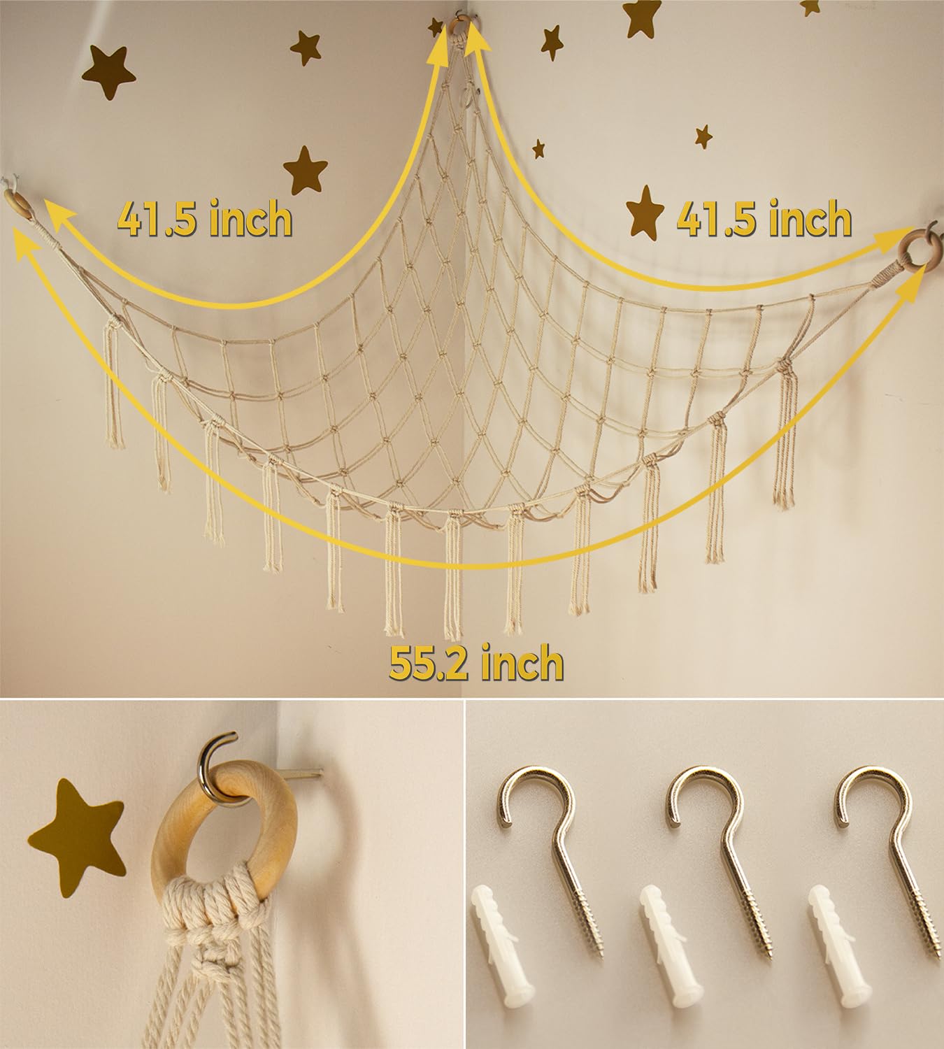Stuffed Animal Storage Hammock - Baby Toy Hammock Net for Stuffed Animals Cute Room Decor -Large Stuff Animal Organizer Holder for Plush Plushie - Kids Nursery Beige Bedroom Home Decor