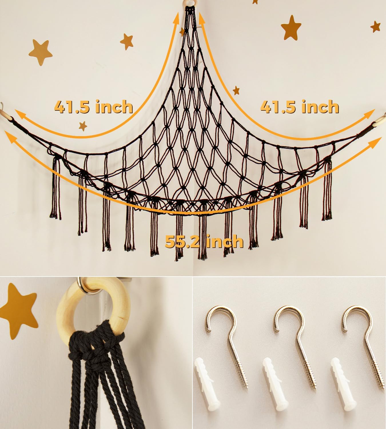 Stuffed Animal Storage Hammock - Baby Toy Hammock Net for Stuffed Animals Cute Room Decor -Large Stuff Animal Organizer Holder for Plush Plushie - Kids Nursery Beige Bedroom Home Decor