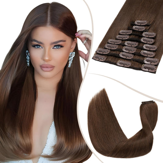 TESS Clip in Hair Extensions Real Human Hair Highlighted Remy Seamless 8 Pieces Straight Short for Women/Girls (#12P613 Golden Brown & Bleach Blonde, 10 Inch 50g)