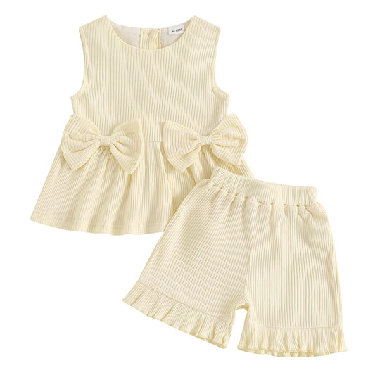 YILEEGOO Toddler Baby Girl Summer Outfits Cotton Baby Clothes Ribbed Sleeveless Bow Ruffled Tank Vest Shirt Tops with Shorts Set