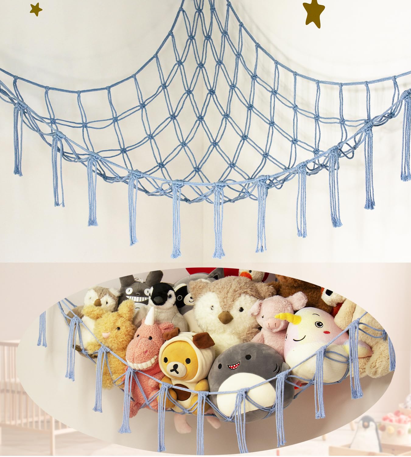Stuffed Animal Storage Hammock - Baby Toy Hammock Net for Stuffed Animals Cute Room Decor -Large Stuff Animal Organizer Holder for Plush Plushie - Kids Nursery Beige Bedroom Home Decor