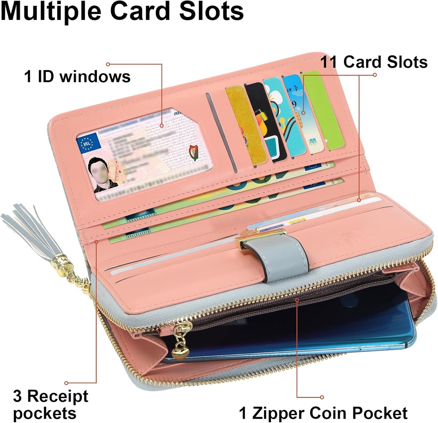 Pomelo Best Womens Wallet RFID Blocking Large Capacity Long Purse with Multiple Card Slots Zipper Phone Coin Pocket