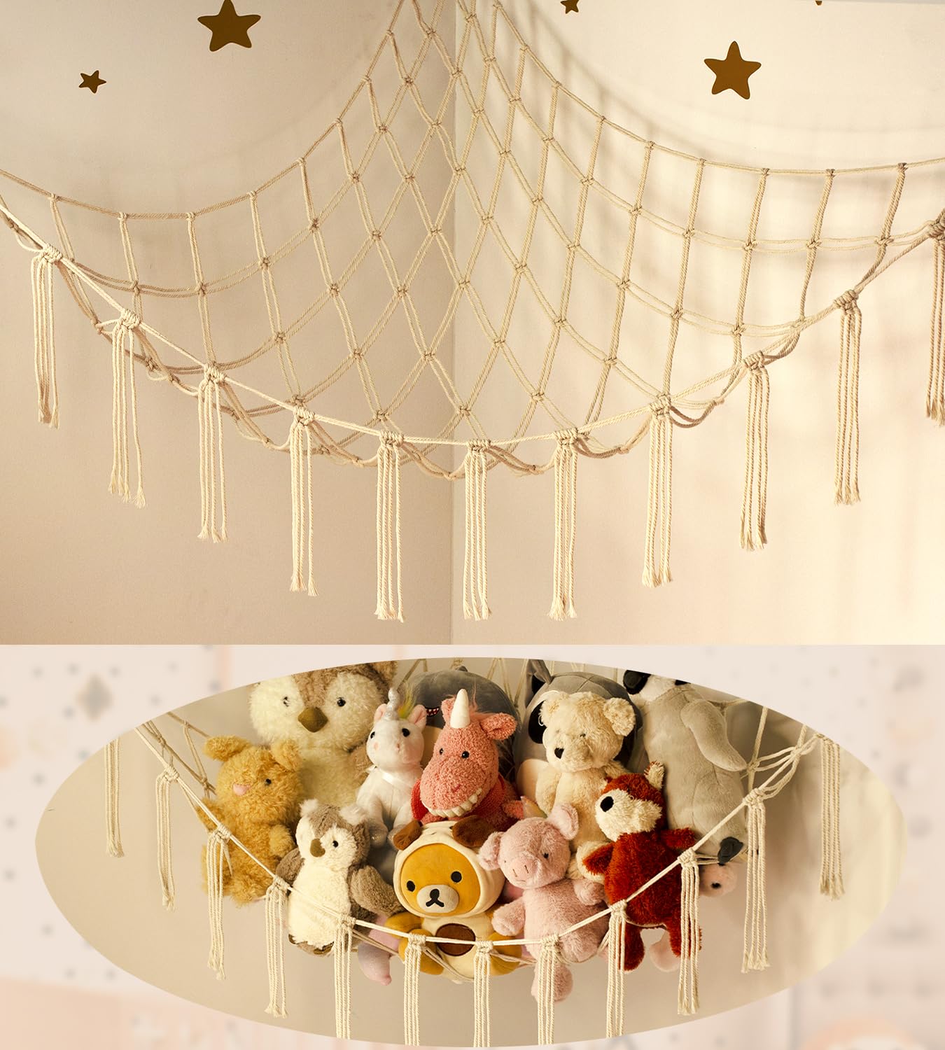 Stuffed Animal Storage Hammock - Baby Toy Hammock Net for Stuffed Animals Cute Room Decor -Large Stuff Animal Organizer Holder for Plush Plushie - Kids Nursery Beige Bedroom Home Decor