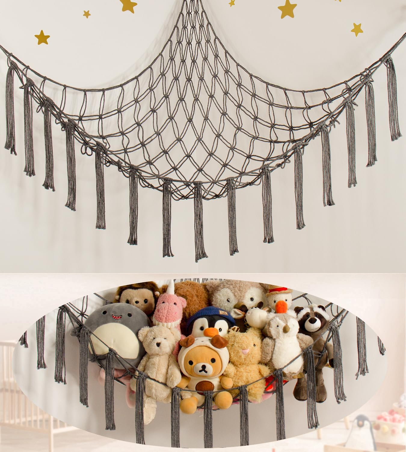 Stuffed Animal Storage Hammock - Baby Toy Hammock Net for Stuffed Animals Cute Room Decor -Large Stuff Animal Organizer Holder for Plush Plushie - Kids Nursery Beige Bedroom Home Decor
