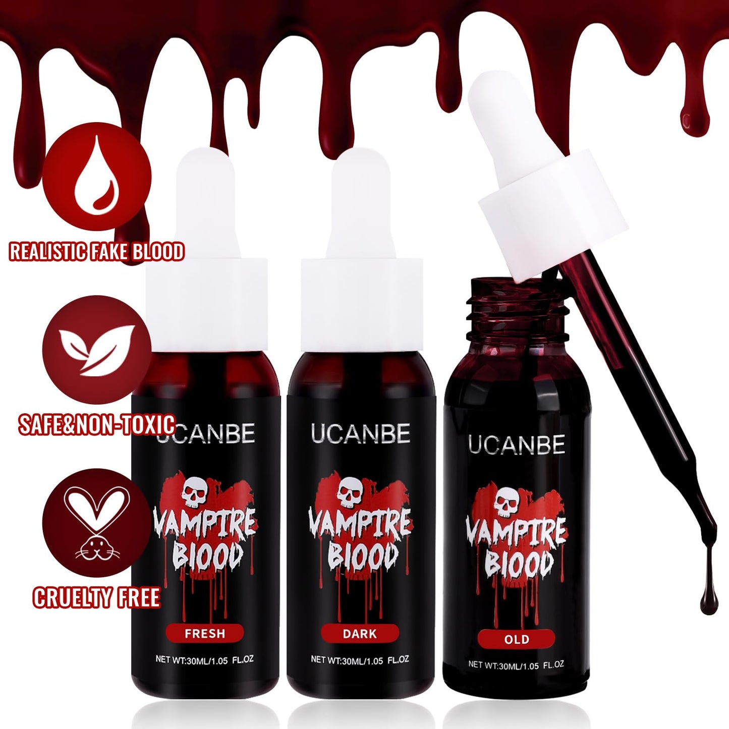 UCANBE Halloween Dripping Fake Blood Realistic Blood Drops Body Paint Washable Fake Blood Makeup Kit For Zombie Vampire Clown Monster Clothes Costume Cosplay SFX Special Effects Makeup 30ML(Dark)