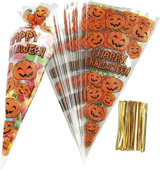 RFWIN 100Pcs Pumpkin Cone Bag Halloween Clear Cellophane Treat Bags Party Favor Bags with Gold Twist Ties for Candy Cookies