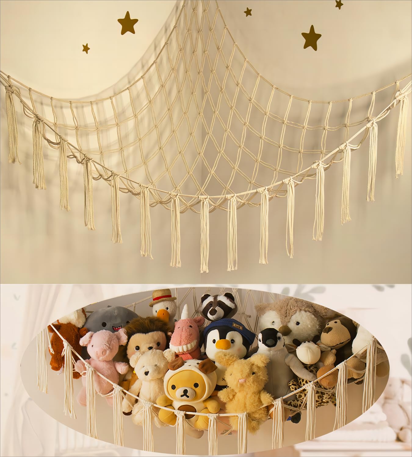 Stuffed Animal Storage Hammock - Baby Toy Hammock Net for Stuffed Animals Cute Room Decor -Large Stuff Animal Organizer Holder for Plush Plushie - Kids Nursery Beige Bedroom Home Decor