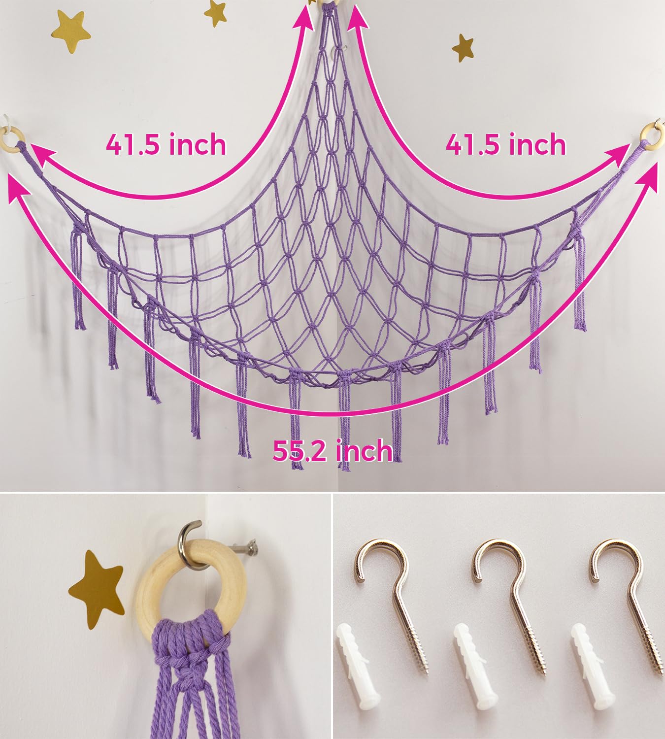 Stuffed Animal Storage Hammock - Baby Toy Hammock Net for Stuffed Animals Cute Room Decor -Large Stuff Animal Organizer Holder for Plush Plushie - Kids Nursery Beige Bedroom Home Decor