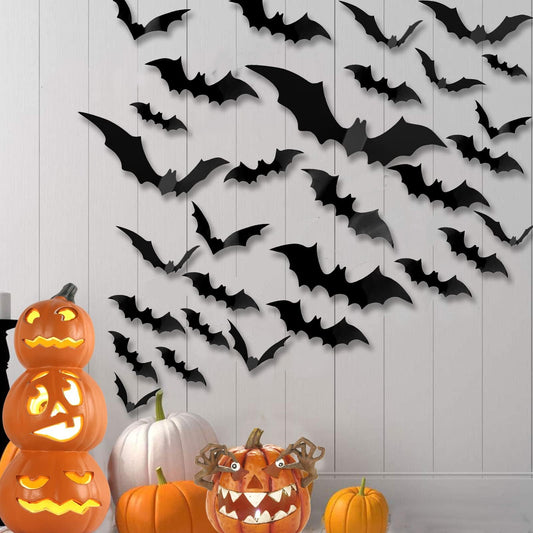 HIAME 12PCS LED Bats Stickers, 3D Bats Wall Sticker Night Light Halloween Decoration for Wall 5 Sizes, Realistic Bats Light Wall Decor for Home Window Living Room