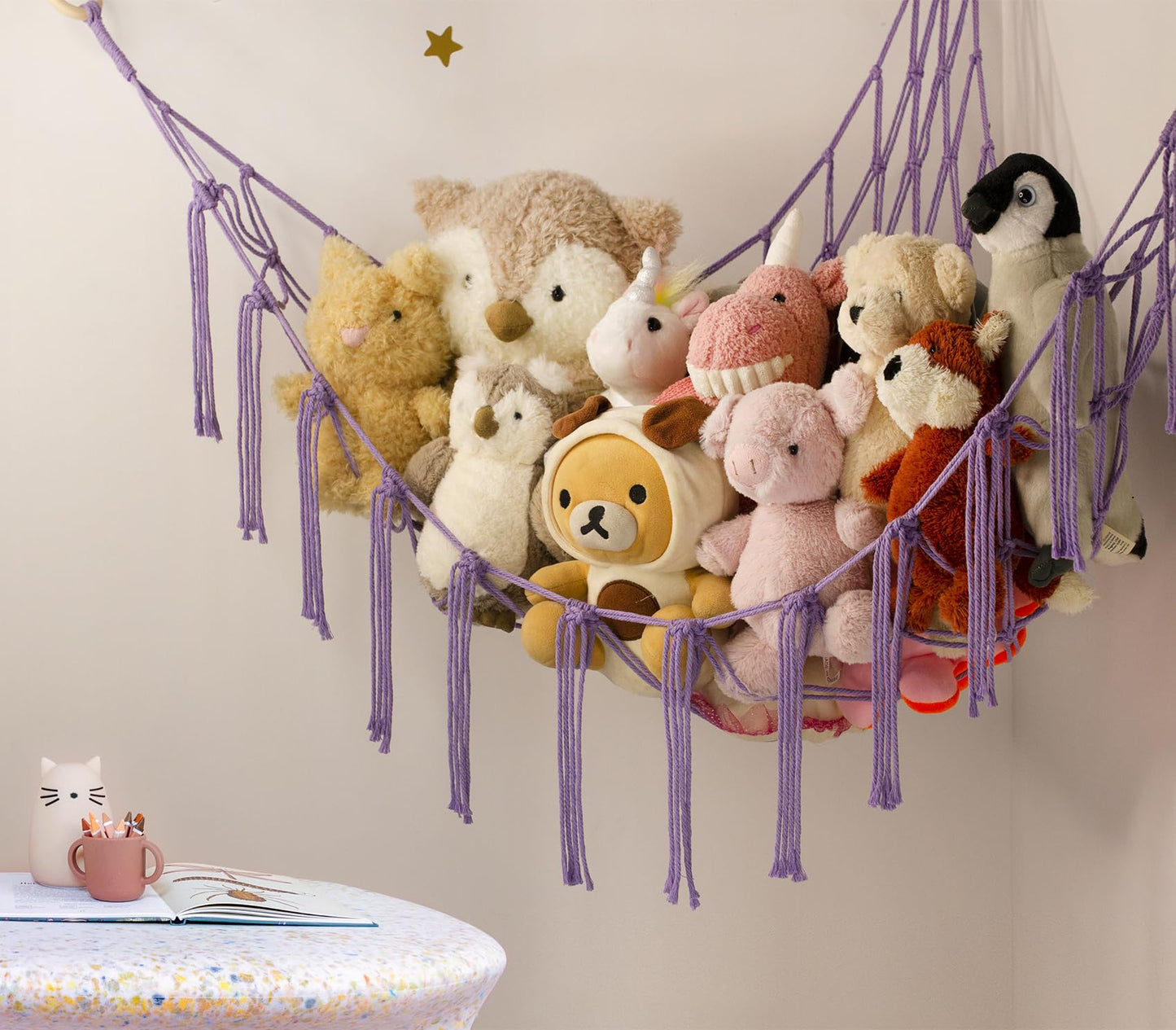 Stuffed Animal Storage Hammock - Baby Toy Hammock Net for Stuffed Animals Cute Room Decor -Large Stuff Animal Organizer Holder for Plush Plushie - Kids Nursery Beige Bedroom Home Decor