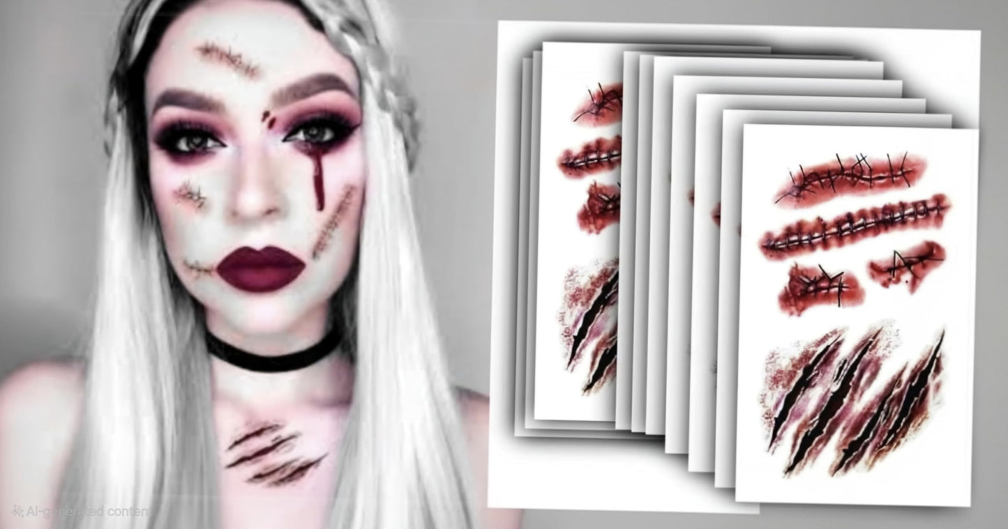 RMCtrends [Pack of 15 sheets] HD Ultra Realistic Halloween Tattoos Fancy Dress Party Costume Makeup Temporary Tattoos Stickers Decoration Fake Wounds Scars and Stitches Make Up x15 Tattoo Sheets