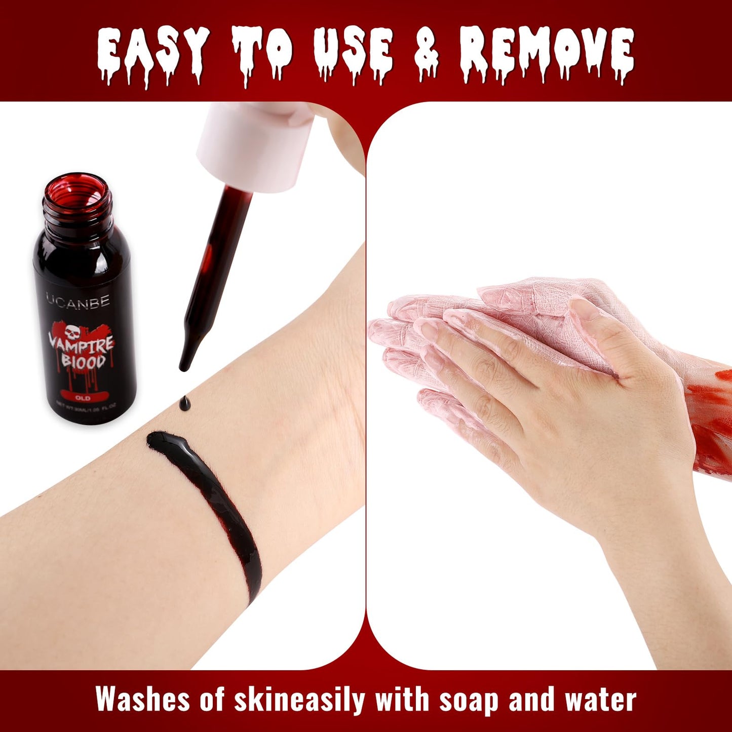 UCANBE Halloween Dripping Fake Blood Realistic Blood Drops Body Paint Washable Fake Blood Makeup Kit For Zombie Vampire Clown Monster Clothes Costume Cosplay SFX Special Effects Makeup 30ML(Dark)