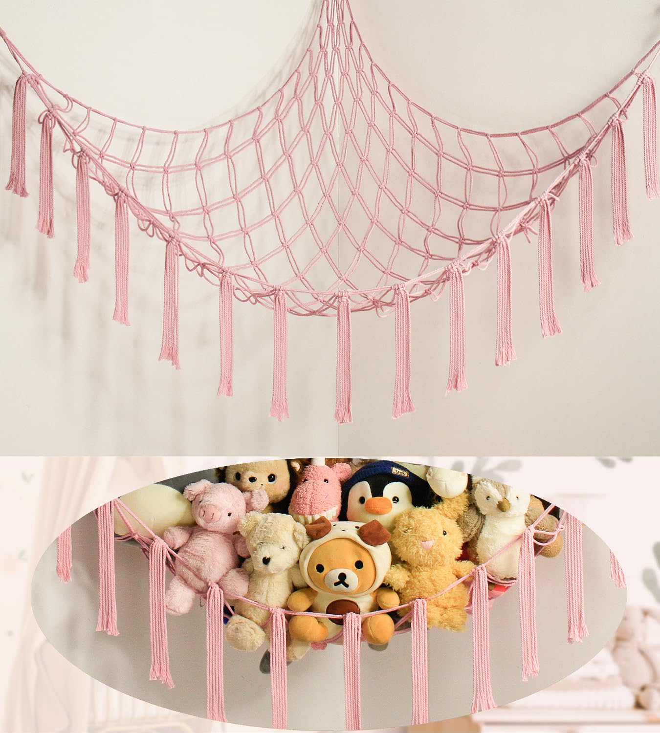 Stuffed Animal Storage Hammock - Baby Toy Hammock Net for Stuffed Animals Cute Room Decor -Large Stuff Animal Organizer Holder for Plush Plushie - Kids Nursery Beige Bedroom Home Decor