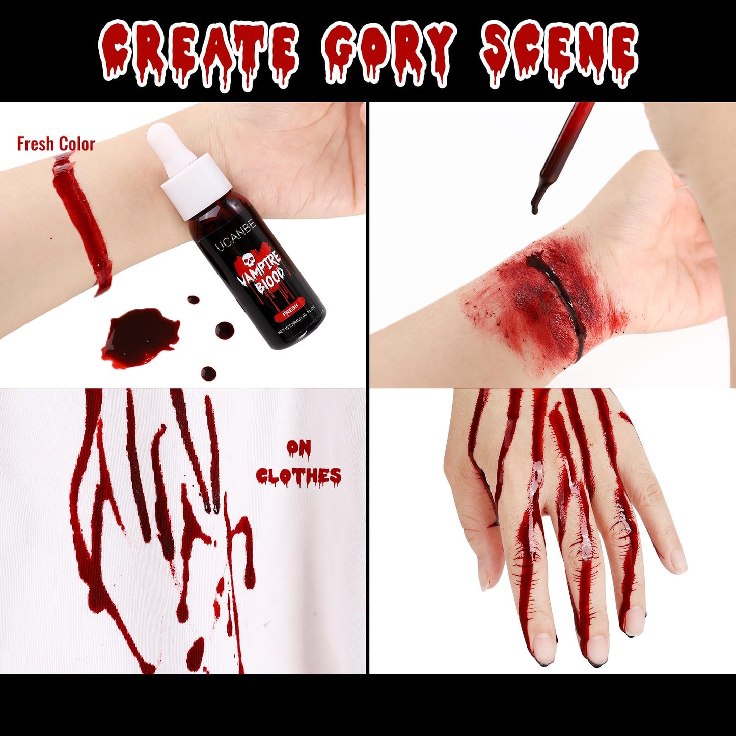 UCANBE Halloween Dripping Fake Blood Realistic Blood Drops Body Paint Washable Fake Blood Makeup Kit For Zombie Vampire Clown Monster Clothes Costume Cosplay SFX Special Effects Makeup 30ML(Dark)