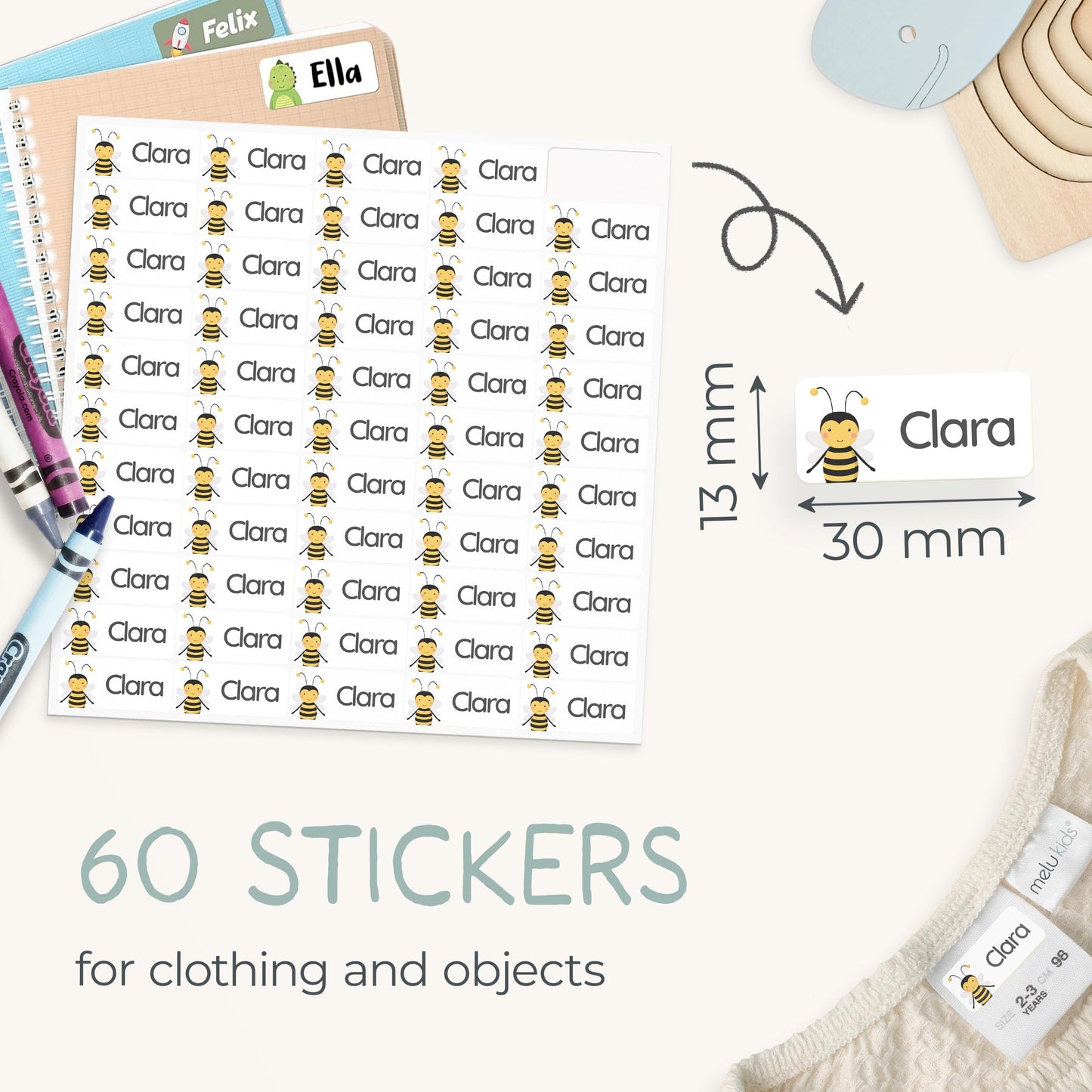 60 Stick on Name Labels for Clothes Kids - Personalised Name Tags for Clothes, School and Nursery - Waterproof and No-Iron Name Stickers for Kids