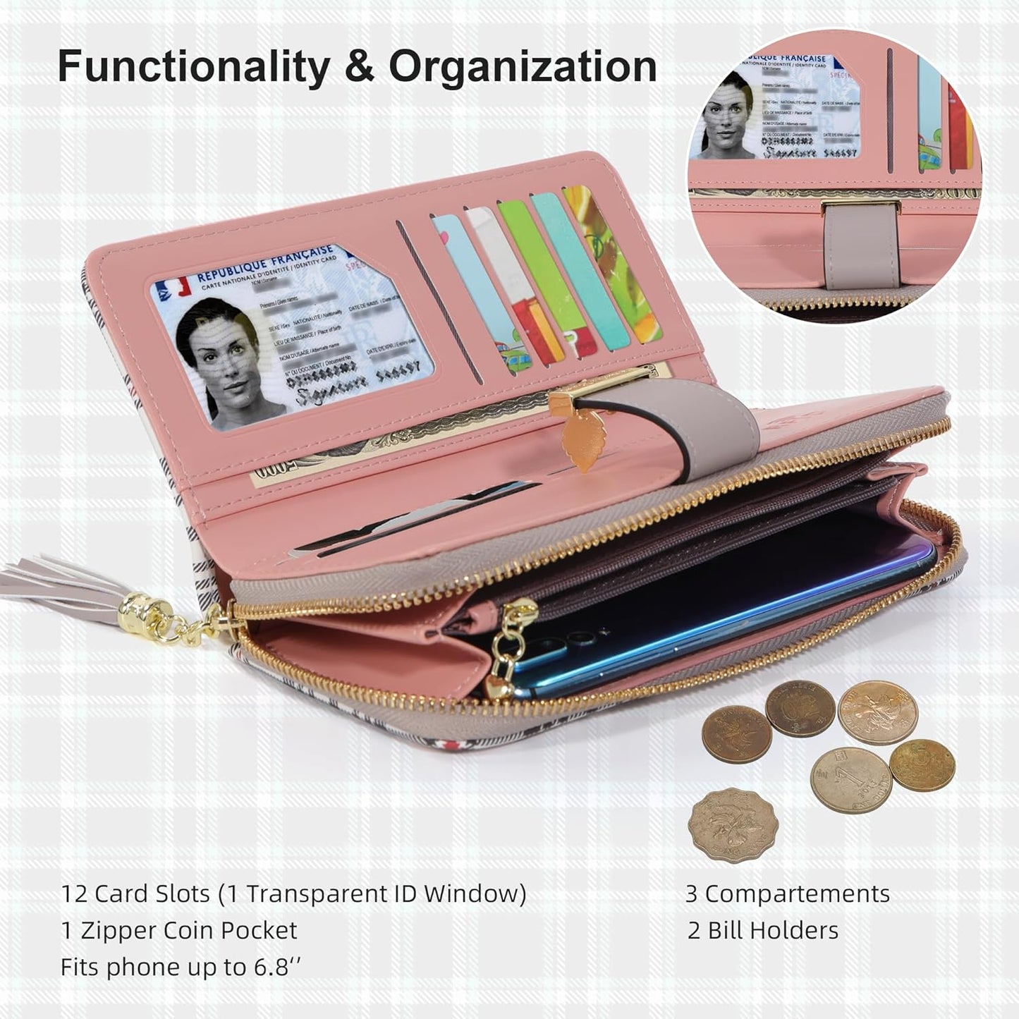 Pomelo Best Womens Wallet RFID Blocking Large Capacity Long Purse with Multiple Card Slots Zipper Phone Coin Pocket