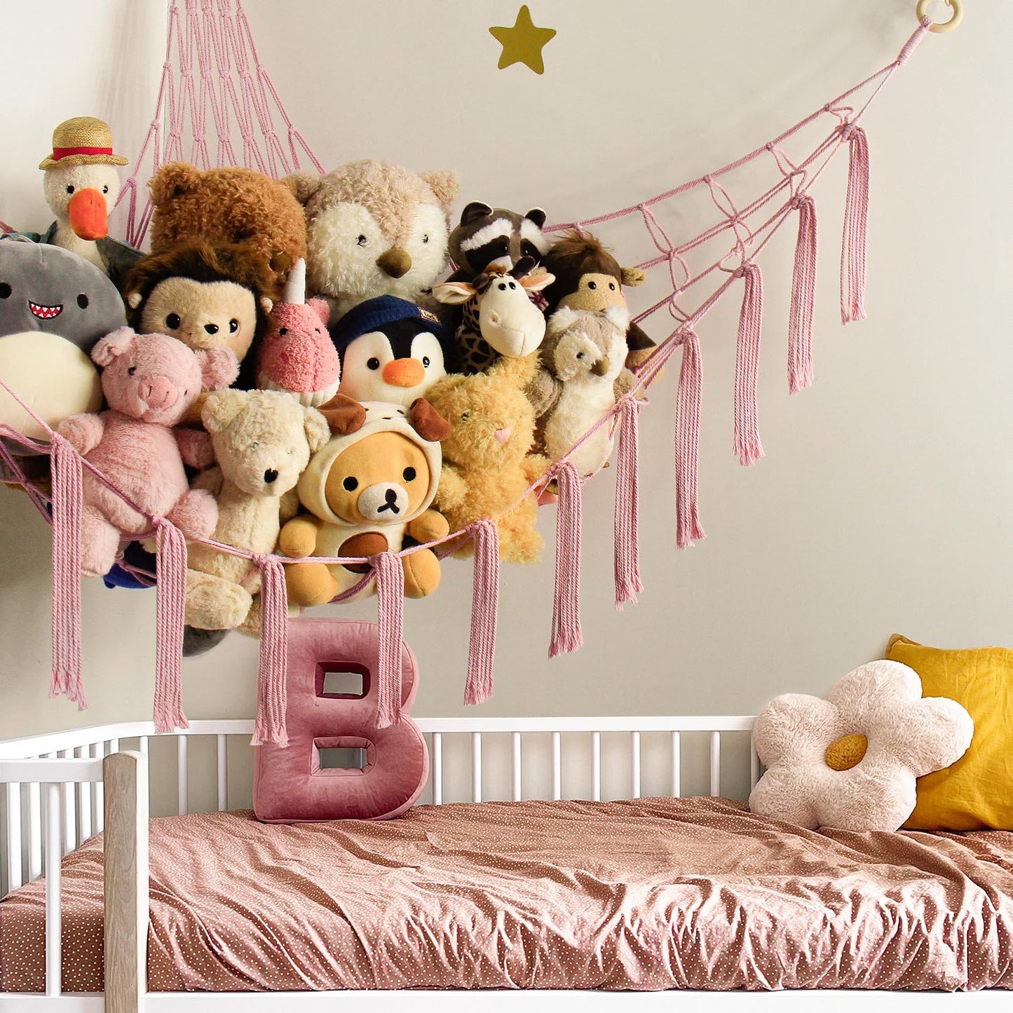 Stuffed Animal Storage Hammock - Baby Toy Hammock Net for Stuffed Animals Cute Room Decor -Large Stuff Animal Organizer Holder for Plush Plushie - Kids Nursery Beige Bedroom Home Decor