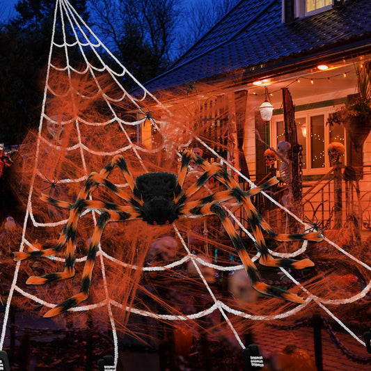 Halloween Spider Web and Giant Spiders Decorations Set Triangle Spider Web & Realistic Scary Fake Large Hairy Black Spider Props for Indoor/Outdoor Porch & Yard Parties Haunted House Halloween Décor