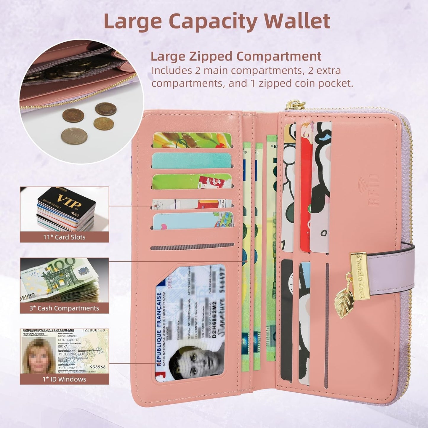 Pomelo Best Womens Wallet RFID Blocking Large Capacity Long Purse with Multiple Card Slots Zipper Phone Coin Pocket