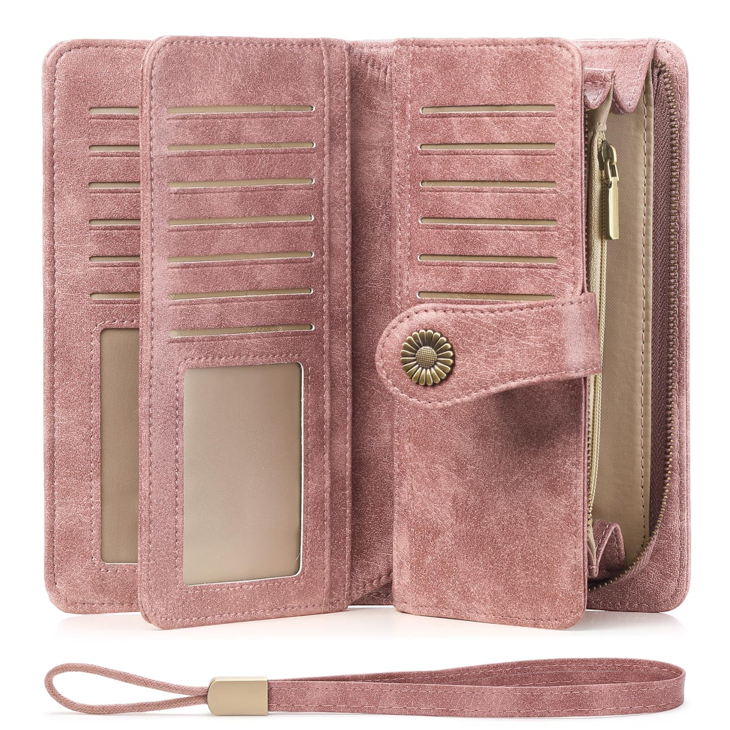 SENDEFN Genuine Leather Purses for Women, RFID Large Ladies Purse, Wallet for Women with Wrist Strap