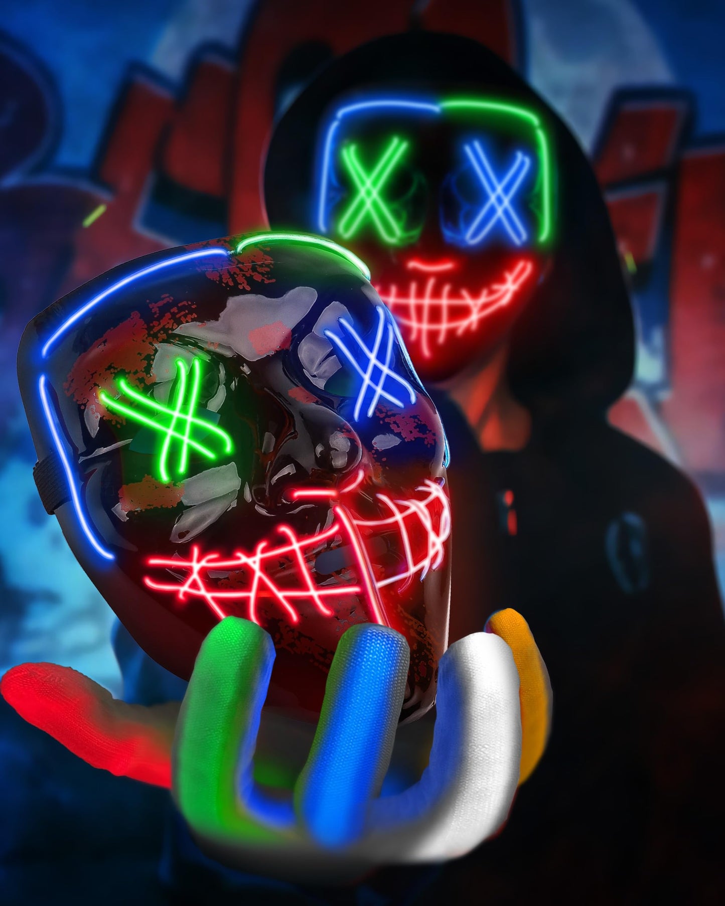 Colplay New LED Halloween Mask & Gloves in Multiple Light Modes, The Purge Mask Costume, Light up Scary Mask Gloves, Halloween Costumes for Women Kids Girls, Anonymous Neon Mask Halloween Gifts