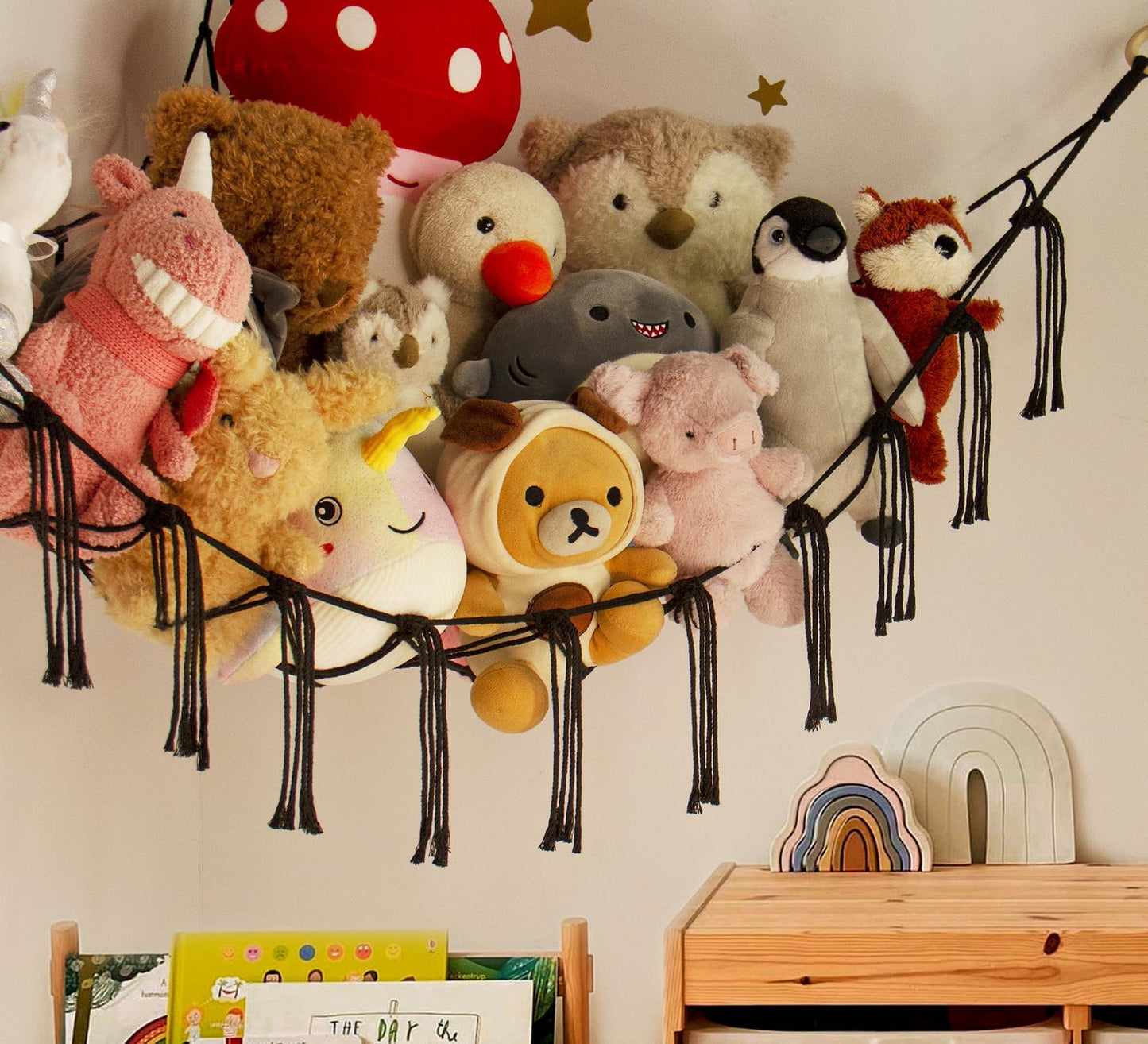 Stuffed Animal Storage Hammock - Baby Toy Hammock Net for Stuffed Animals Cute Room Decor -Large Stuff Animal Organizer Holder for Plush Plushie - Kids Nursery Beige Bedroom Home Decor