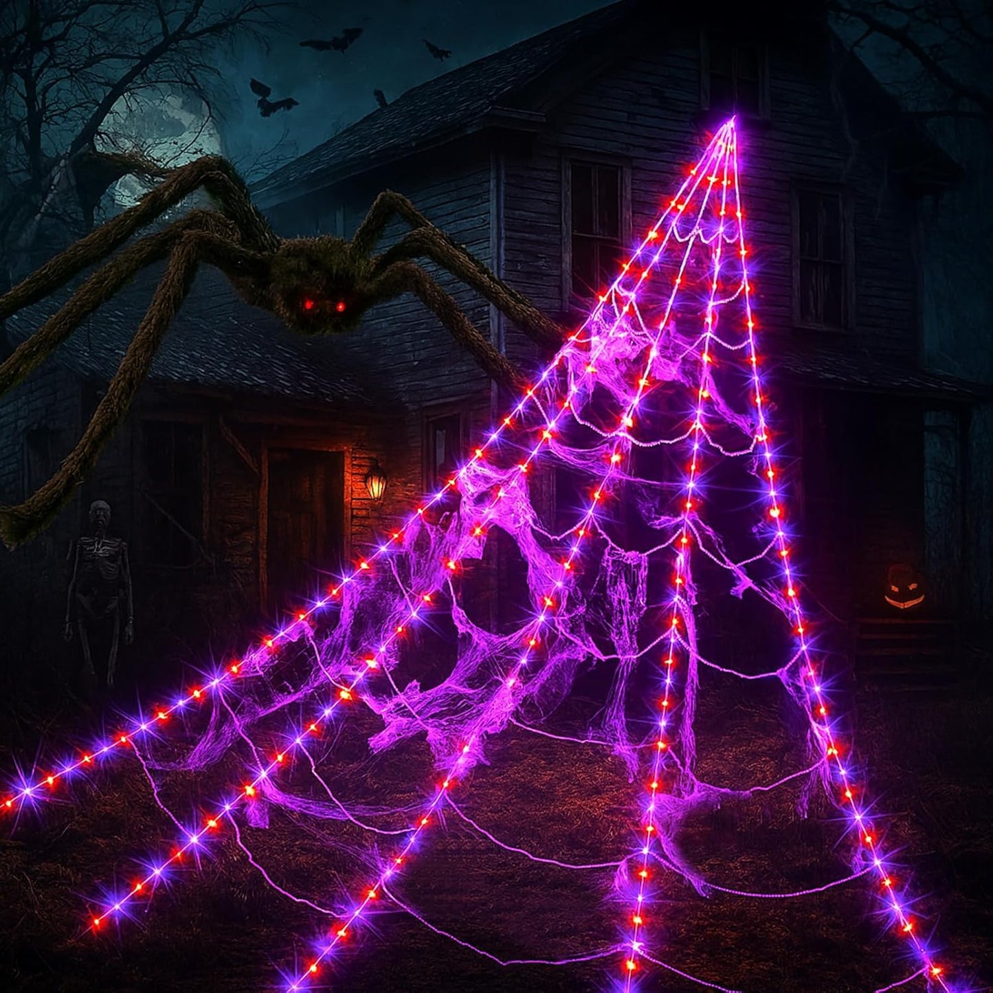 Halloween Decorations, 16.4FT Diameter Spider Web Lights with Black 4FT Spider, 250 LED Waterproof Net Lights, Remote Control, 8 Modes Cobweb for Yard House Garden Outdoor Indoor Party Haunted Decor