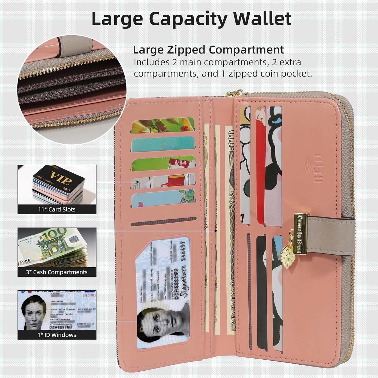 Pomelo Best Womens Wallet RFID Blocking Large Capacity Long Purse with Multiple Card Slots Zipper Phone Coin Pocket
