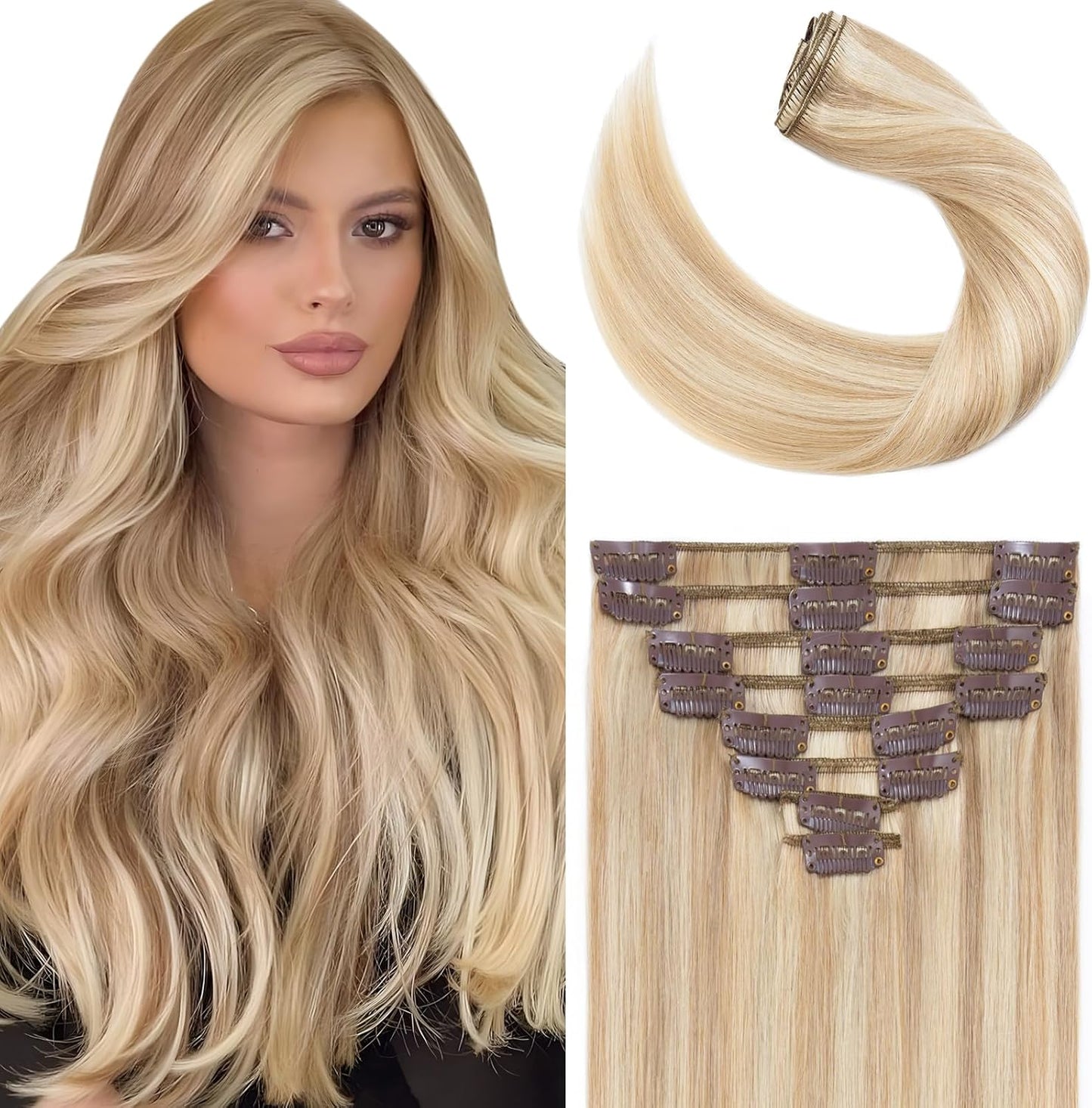 Elailite Clip in Hair Extensions Real Human Hair - 100% Remy Hair Straight 8 Pcs Thin Weft (#12/613 Golden Brown Mix Bleach Blonde, 10 Inch (50 g))