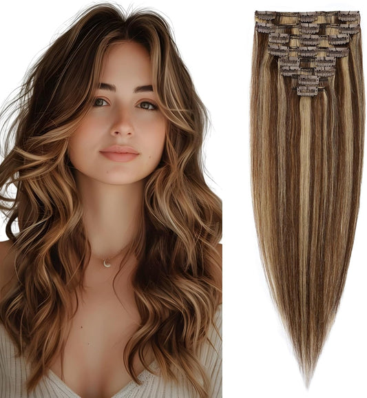 Elailite Clip in Hair Extensions Real Human Hair - 100% Remy Hair Straight 8 Pcs Thin Weft (#12/613 Golden Brown Mix Bleach Blonde, 10 Inch (50 g))