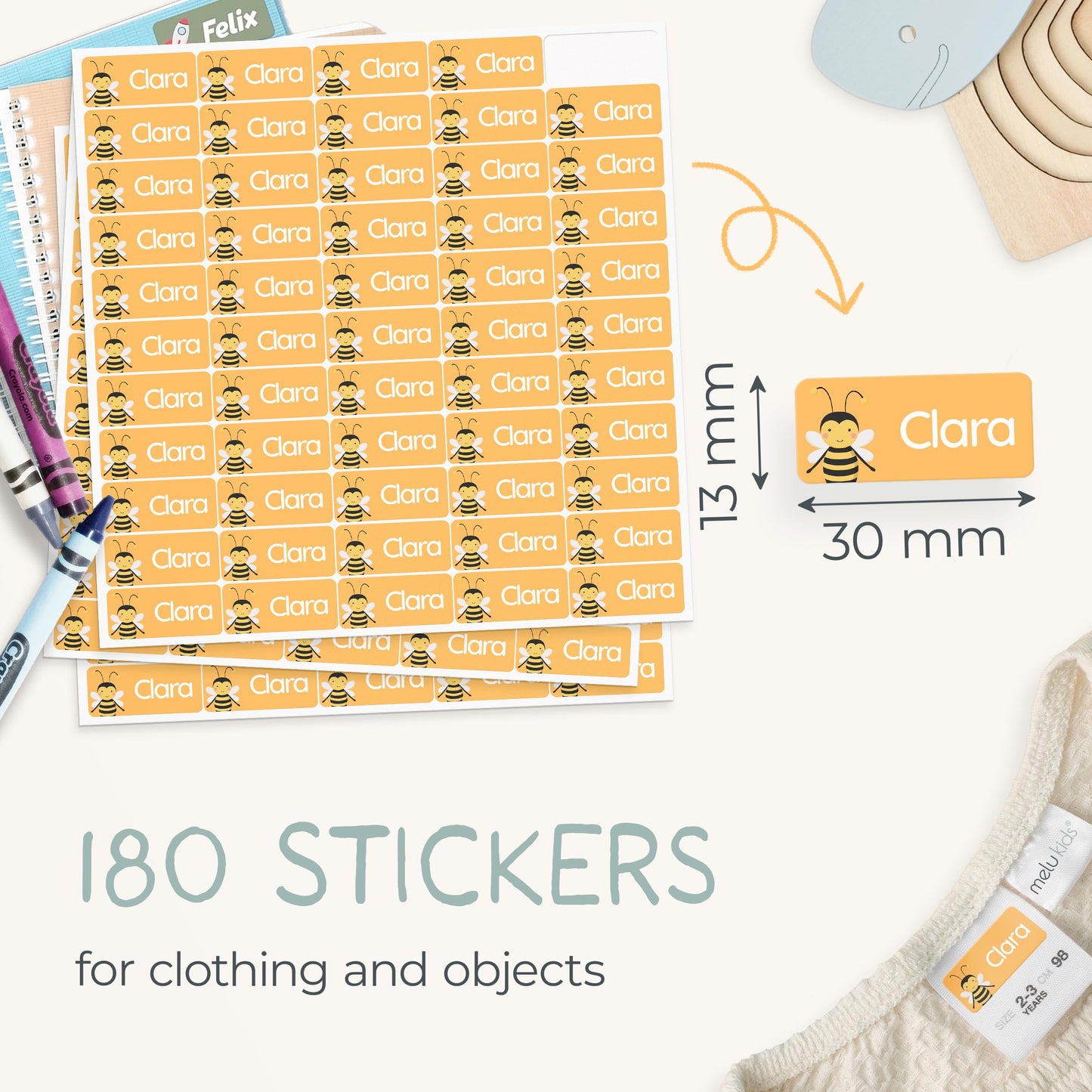 60 Stick on Name Labels for Clothes Kids - Personalised Name Tags for Clothes, School and Nursery - Waterproof and No-Iron Name Stickers for Kids