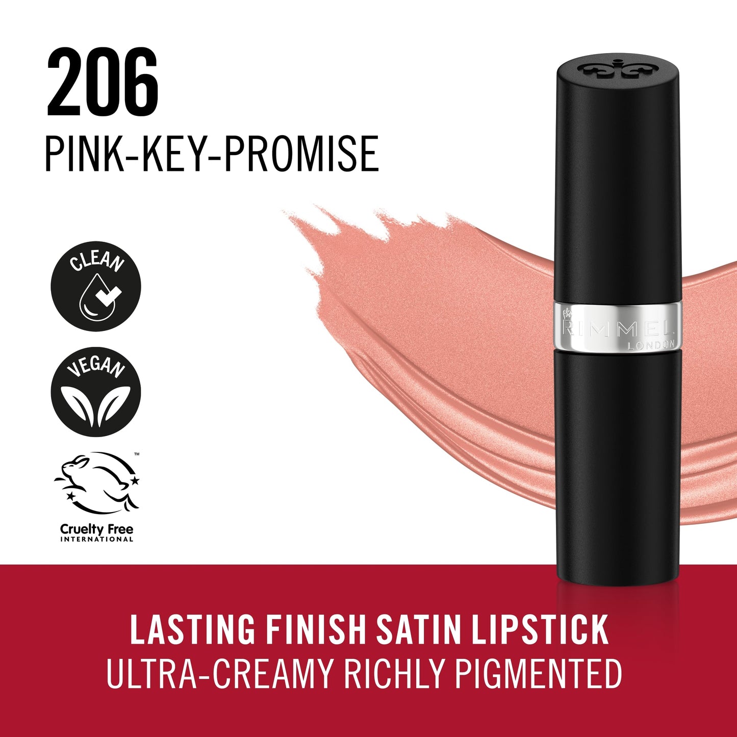 Rimmel Lasting Finish Lipstick 006 Pink Blush, Creamy Satin Finish, Long Lasting 8 HR Wear, Comfortable Formula, Rich Pigment