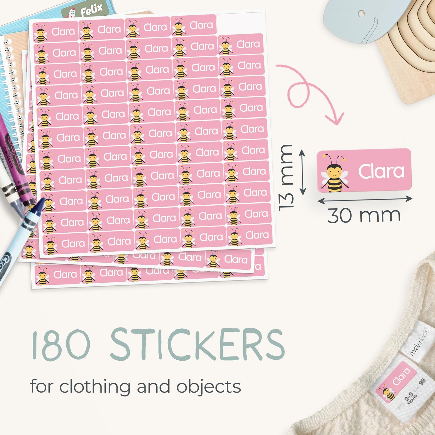 60 Stick on Name Labels for Clothes Kids - Personalised Name Tags for Clothes, School and Nursery - Waterproof and No-Iron Name Stickers for Kids