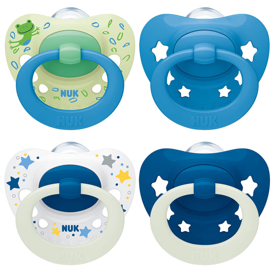 NUK Signature Day & Night Baby Dummy | 18-36 months | Soothes 95% of Babies | Heart-Shaped BPA-Free Silicone Soothers | Glow-in-the-Dark | Stars | 4 Count