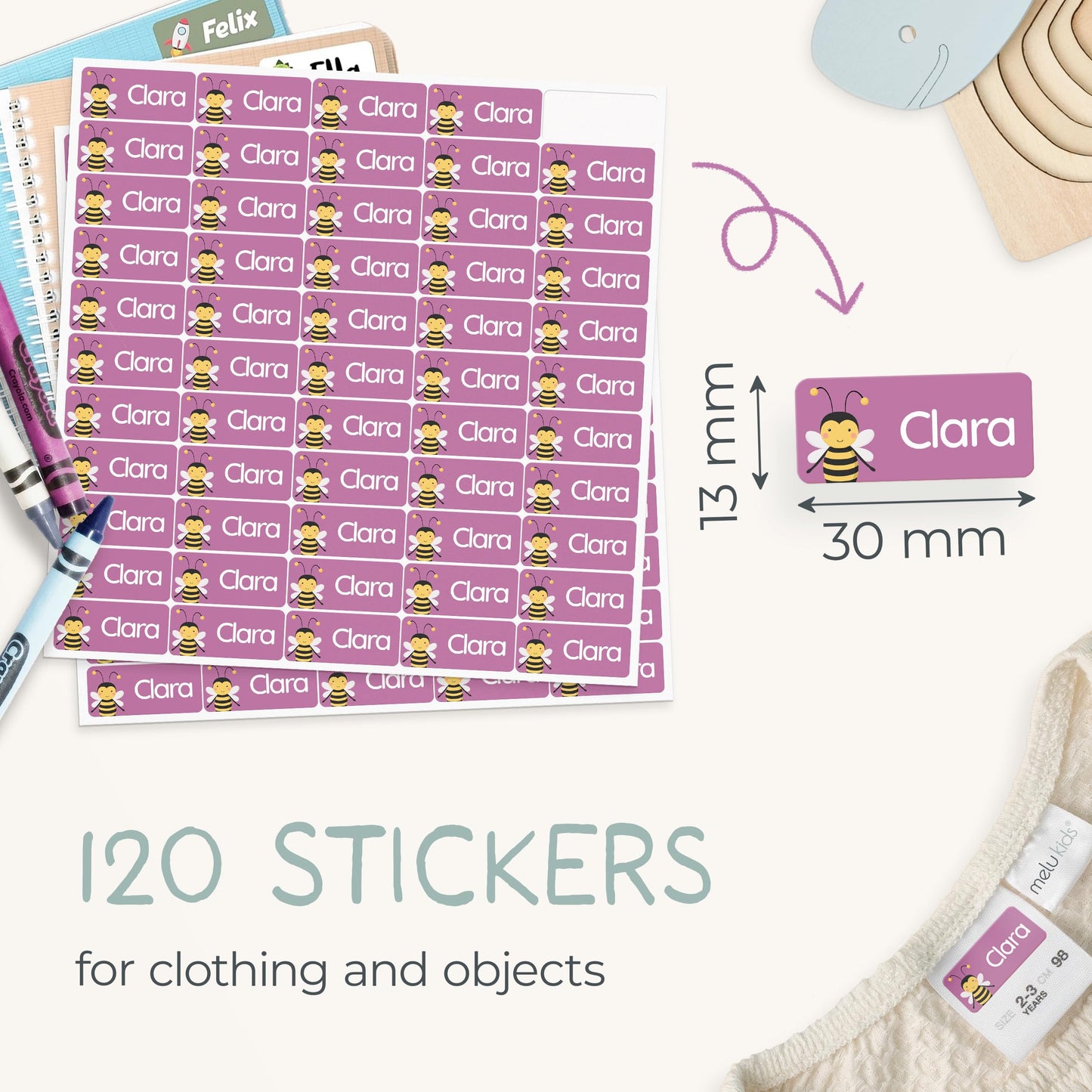 60 Stick on Name Labels for Clothes Kids - Personalised Name Tags for Clothes, School and Nursery - Waterproof and No-Iron Name Stickers for Kids