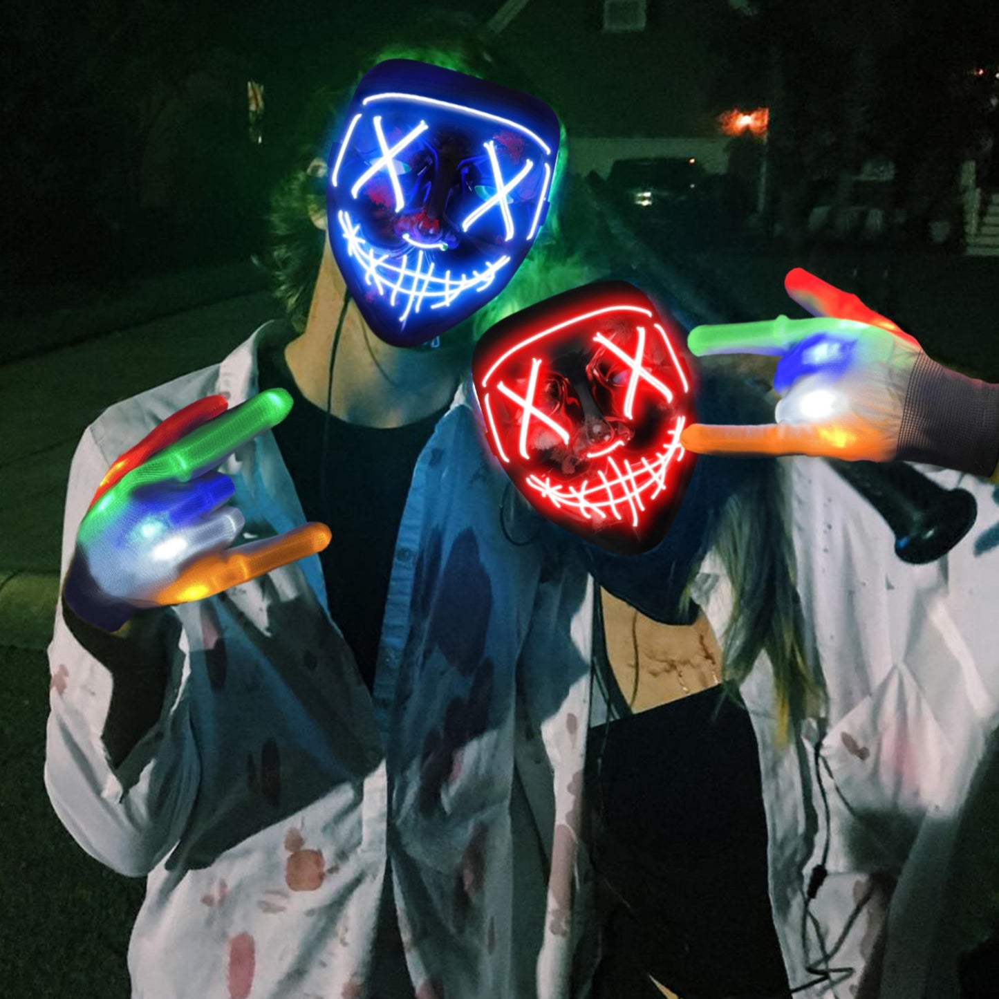 Colplay New LED Halloween Mask & Gloves in Multiple Light Modes, The Purge Mask Costume, Light up Scary Mask Gloves, Halloween Costumes for Women Kids Girls, Anonymous Neon Mask Halloween Gifts
