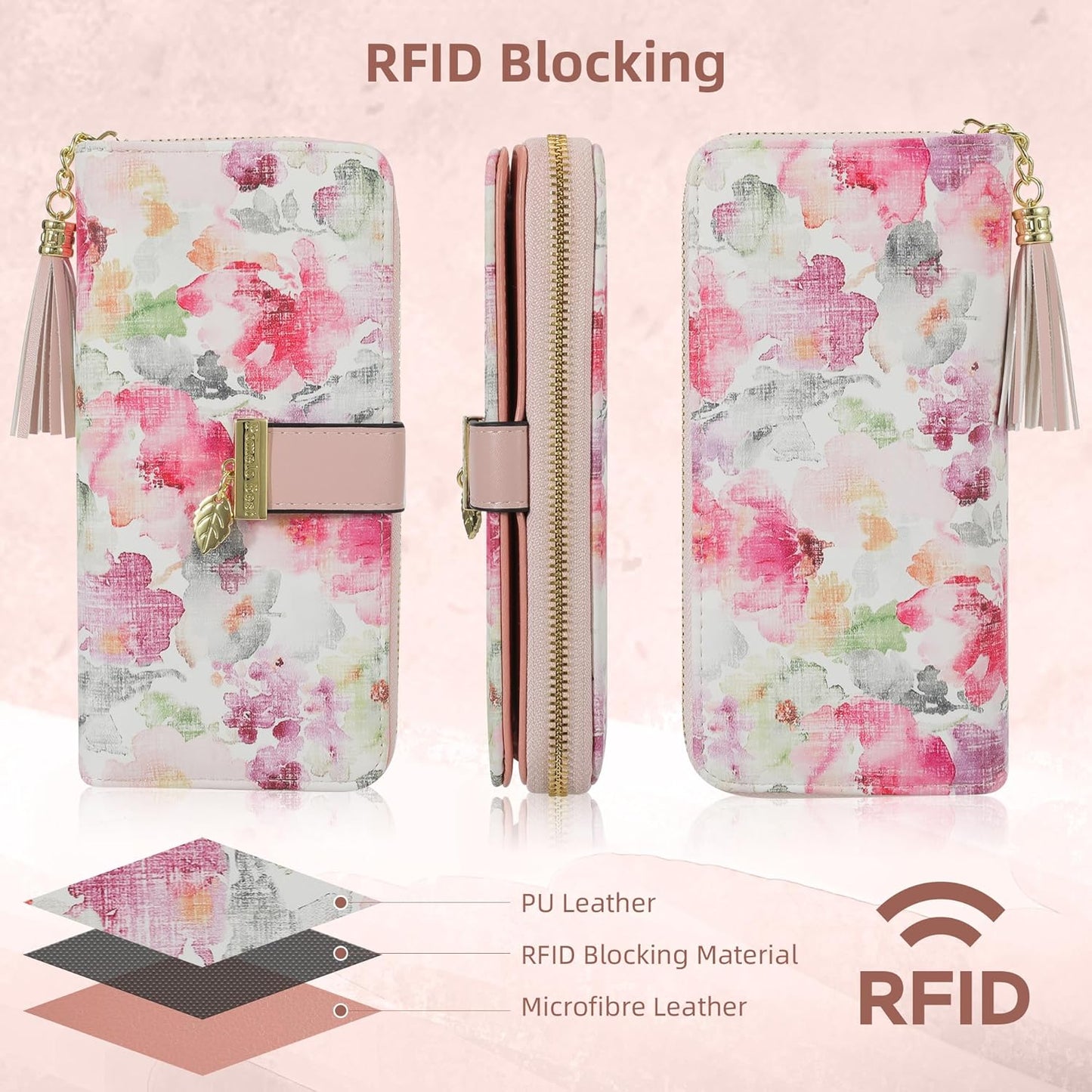 Pomelo Best Womens Wallet RFID Blocking Large Capacity Long Purse with Multiple Card Slots Zipper Phone Coin Pocket