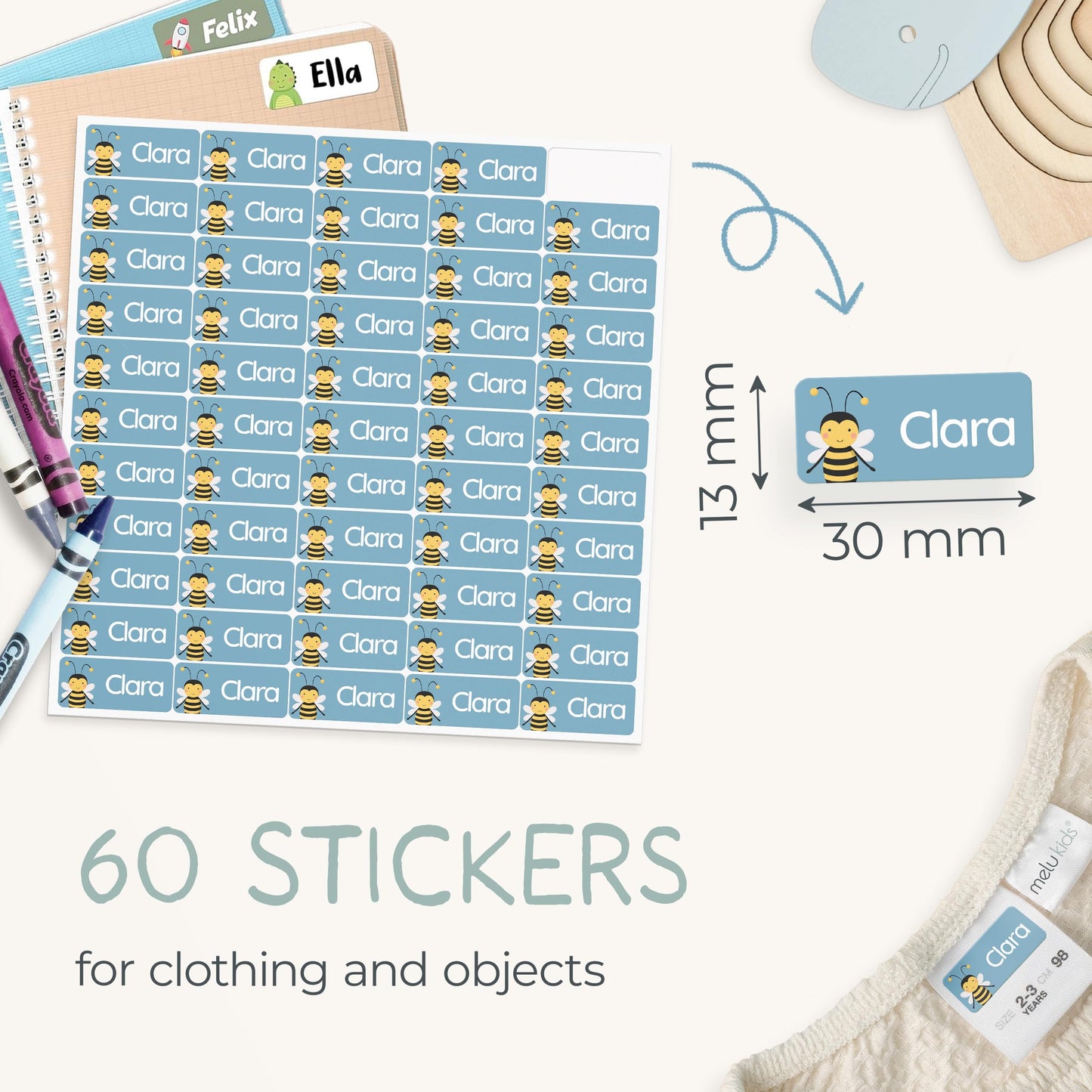 60 Stick on Name Labels for Clothes Kids - Personalised Name Tags for Clothes, School and Nursery - Waterproof and No-Iron Name Stickers for Kids