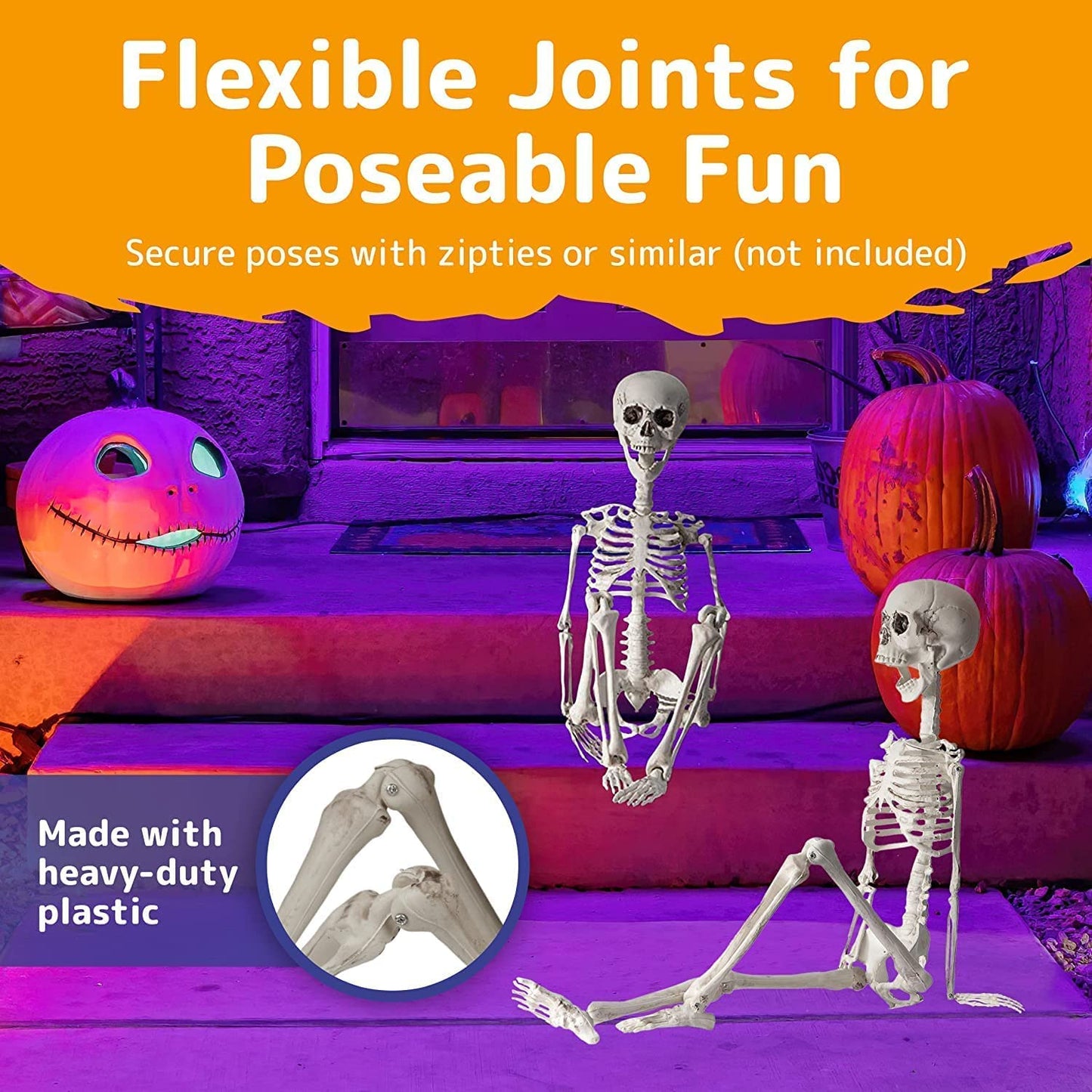 Prextex Halloween Skeleton Figure - Full Standing Body Skeleton with Movable/Posable Joints and Two Sets Of Body Accessories, Posable Decor for Halloween Decorations Outdoor Indoor - 48cm (19 Inch)