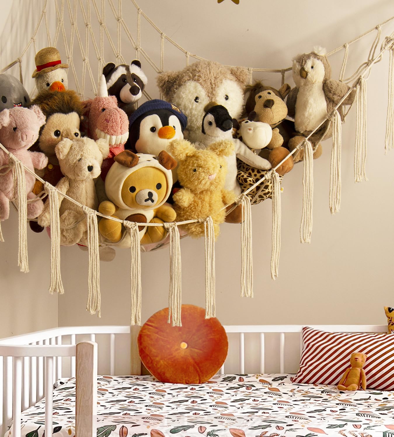 Stuffed Animal Storage Hammock - Baby Toy Hammock Net for Stuffed Animals Cute Room Decor -Large Stuff Animal Organizer Holder for Plush Plushie - Kids Nursery Beige Bedroom Home Decor