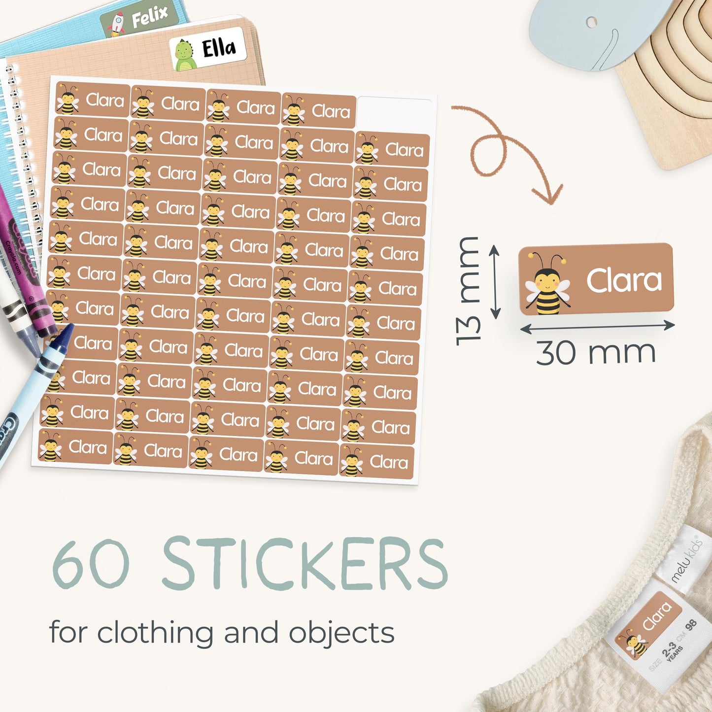 60 Stick on Name Labels for Clothes Kids - Personalised Name Tags for Clothes, School and Nursery - Waterproof and No-Iron Name Stickers for Kids