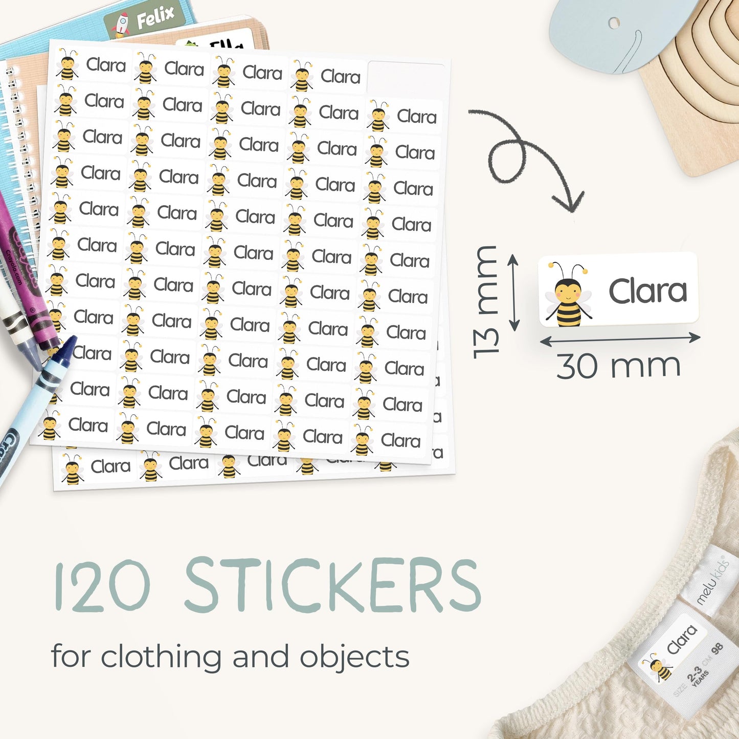 60 Stick on Name Labels for Clothes Kids - Personalised Name Tags for Clothes, School and Nursery - Waterproof and No-Iron Name Stickers for Kids