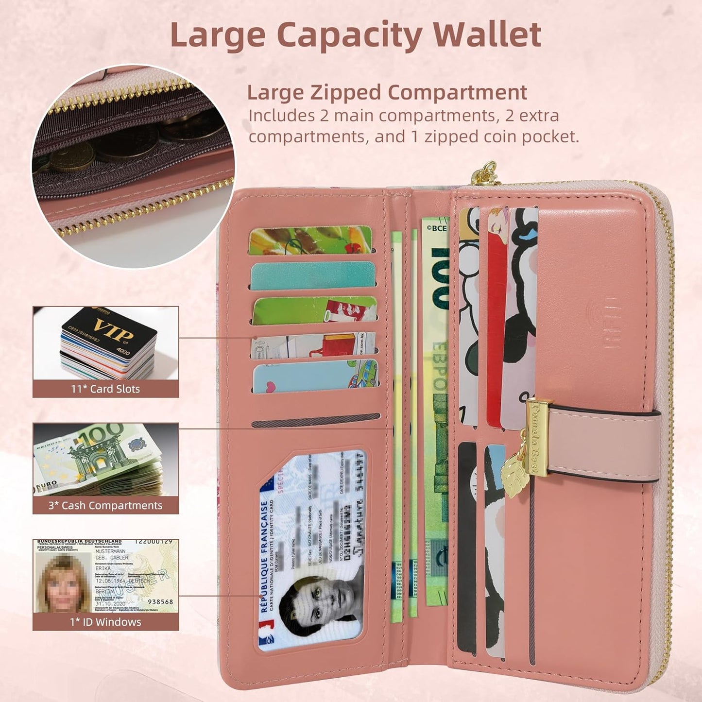 Pomelo Best Womens Wallet RFID Blocking Large Capacity Long Purse with Multiple Card Slots Zipper Phone Coin Pocket