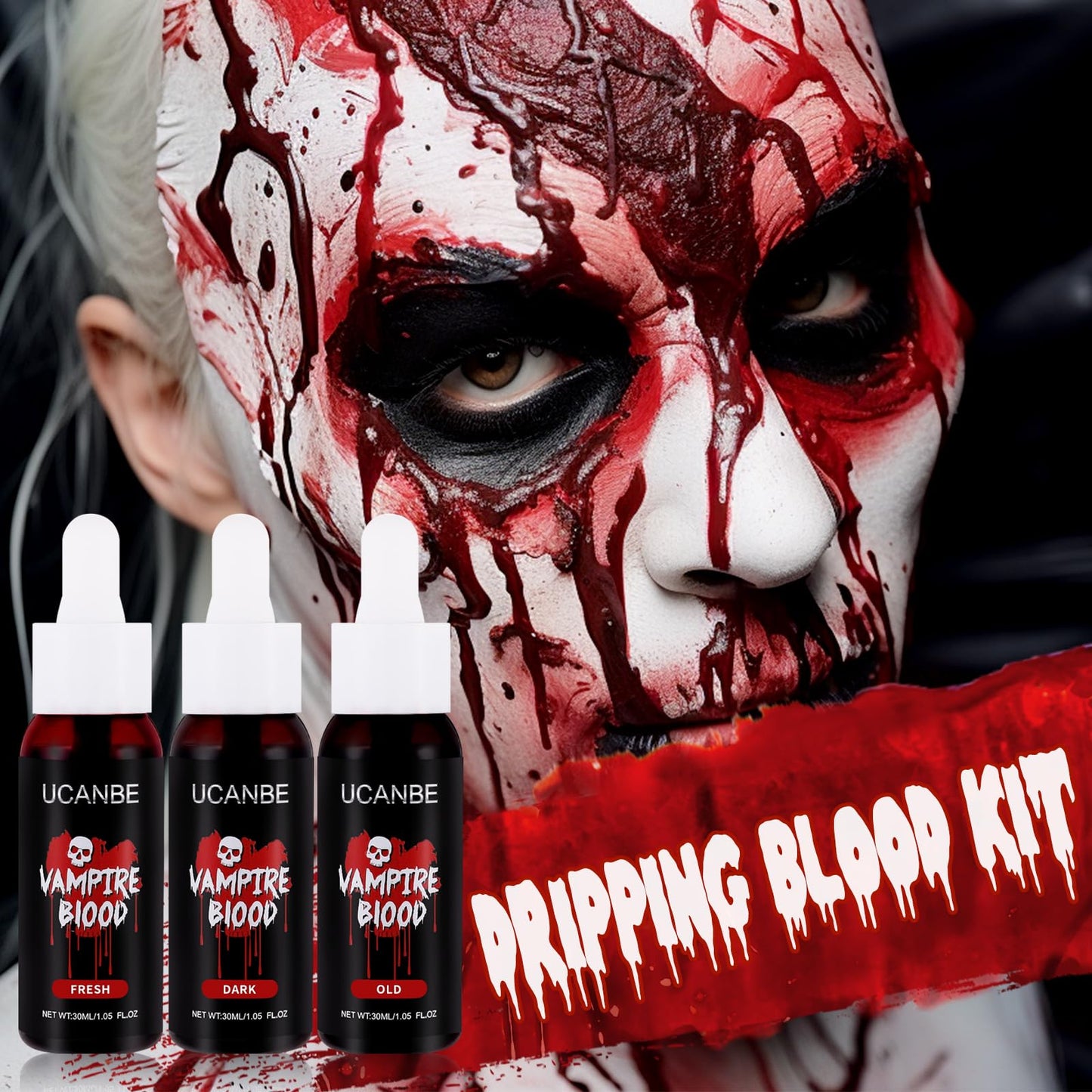 UCANBE Halloween Dripping Fake Blood Realistic Blood Drops Body Paint Washable Fake Blood Makeup Kit For Zombie Vampire Clown Monster Clothes Costume Cosplay SFX Special Effects Makeup 30ML(Dark)